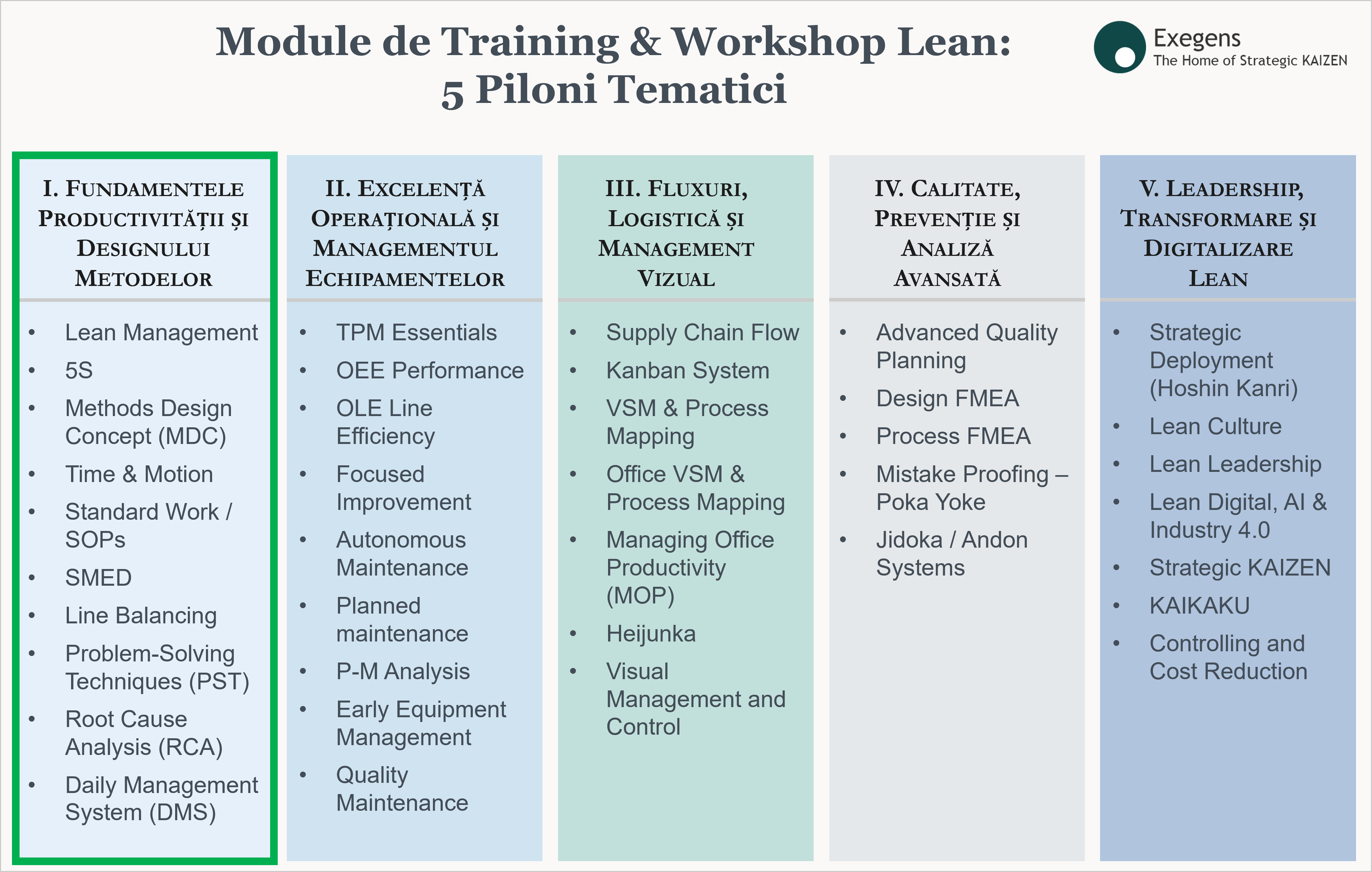Lean 5 Thematic Pillars — Exegens Training & Workshop Architecture