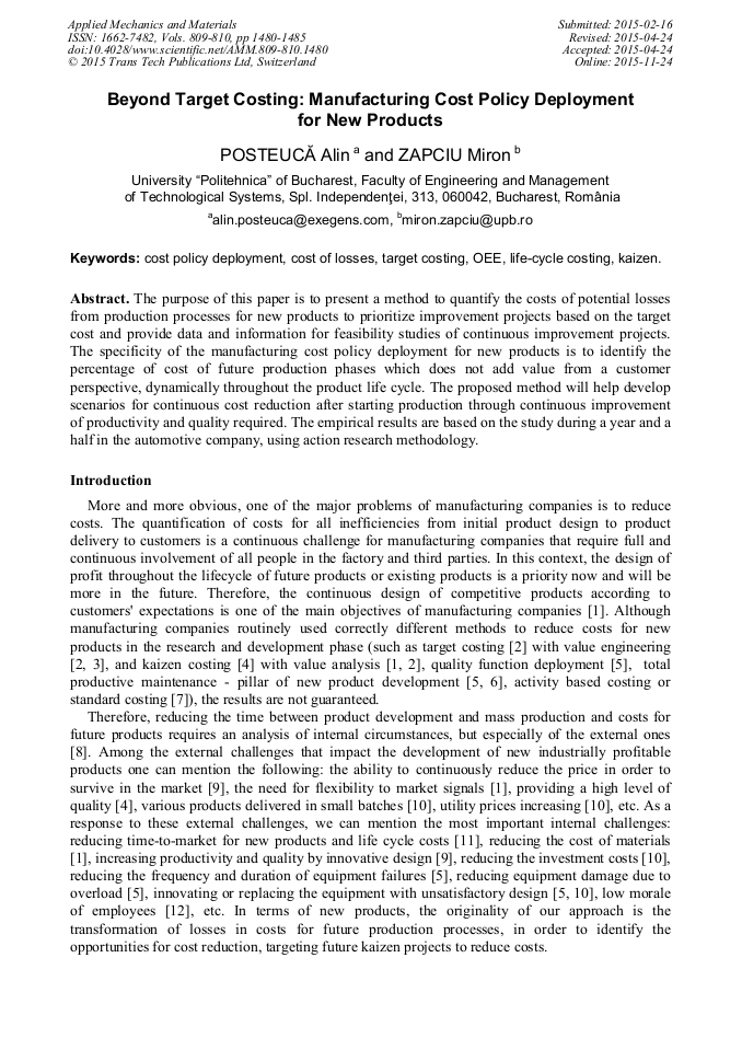 Beyond Target Costing: Manufacturing Cost Policy Deployment for New Products — Dr. Alin Posteucă